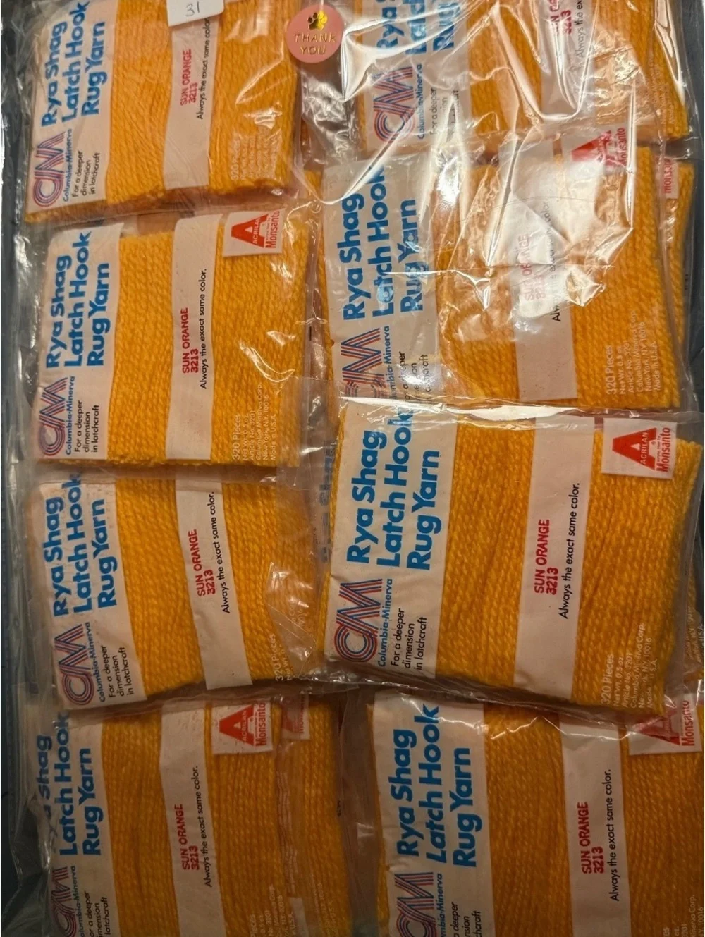 Lot of 31 packs of Vintage Rya Shag Latch Hook Rug Yarn Sun Orange 3213